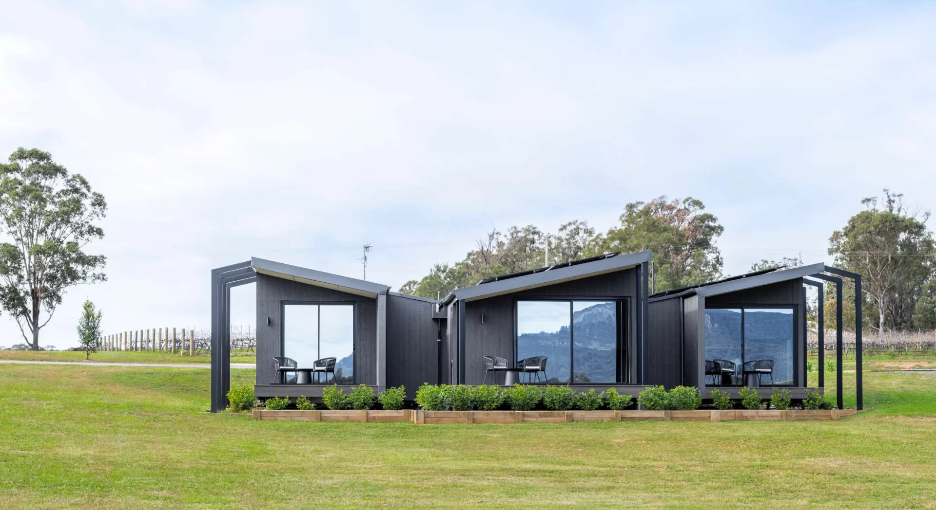 Exterior view of three modern, dark-wood cabins with large glass sliding doors